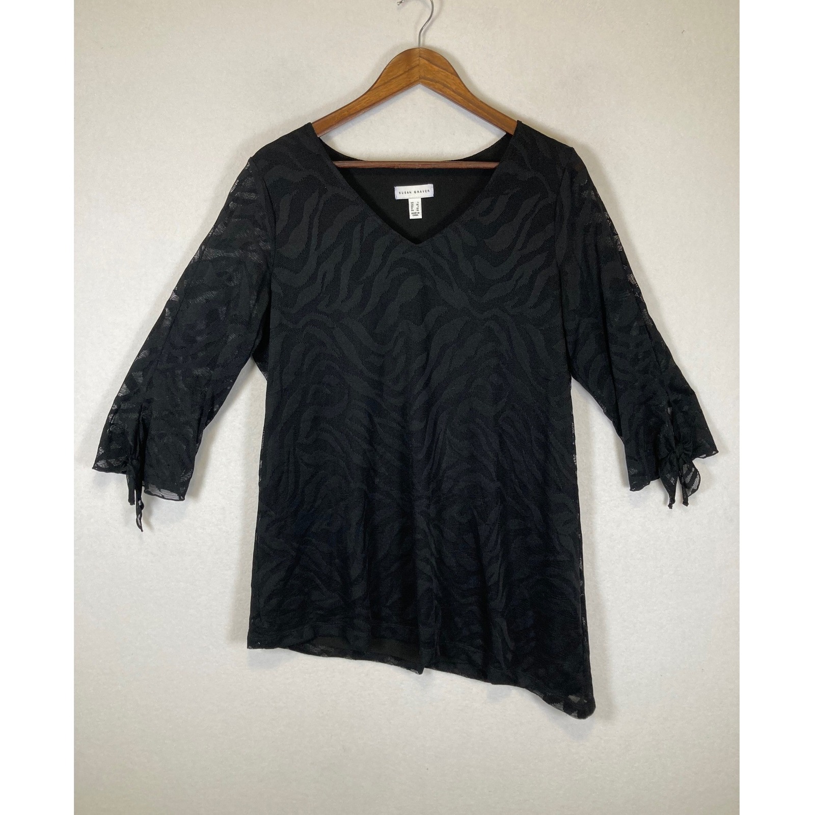 Chic Susan Graver Women Large Black Zebra Burnout Mesh Tunic Tie Sleeve Blouse